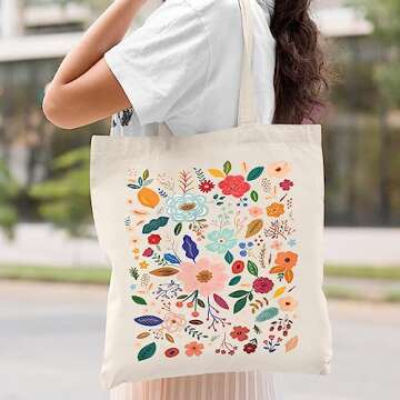 Kimoli Floral Canvas Aesthetic Tote Bag for Women Beach Bag Shopping Bags Shoulder Bag Reusable Grocery Bags
