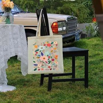 Kimoli Floral Canvas Aesthetic Tote Bag for Women Beach Bag Shopping Bags Shoulder Bag Reusable Grocery Bags