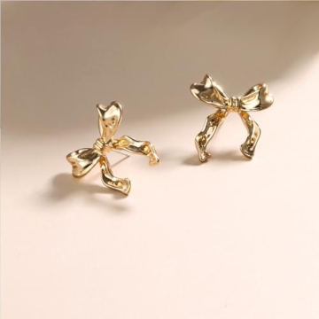 Gold Bow Earrings Dainty Ribbon Design for Stylish Women
