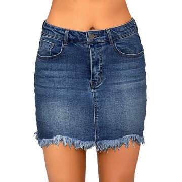 luvamia Women's Casual Mid Waisted Washed Raw Hem Pockets Denim Short Skirt