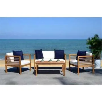 SAFAVIEH Outdoor Collection Alda Natural/ White Cushions/ Navy Pillows 4-Piece Conversation Patio Set