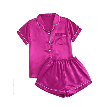SweatyRocks Hot Pink Satin 2 Piece Pajama Set for Women