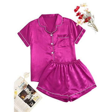 SweatyRocks Hot Pink Satin 2 Piece Pajama Set for Women