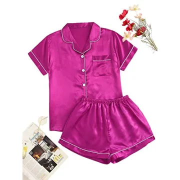 SweatyRocks Hot Pink Satin 2 Piece Pajama Set for Women