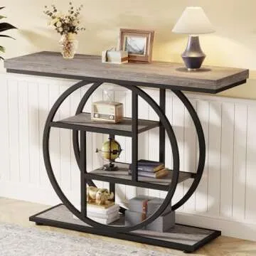 Tribesigns 41.3" Console Table, Industrial 4-Tier Sofa Table Entryway Table with Circle Base, Narrow Wood Accent Tables with Storage Shelves for Living Room, Hallway, Foyer, Gray