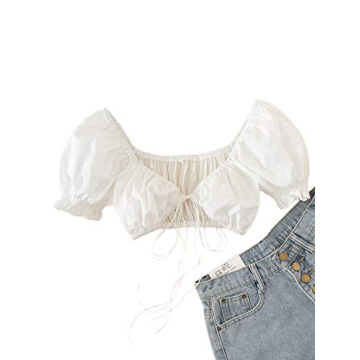 MakeMeChic Women's Ruched Puff Sleeve Crop Tee White