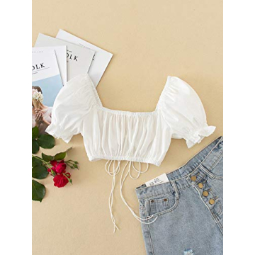 MakeMeChic Women's Ruched Puff Sleeve Crop Tee White