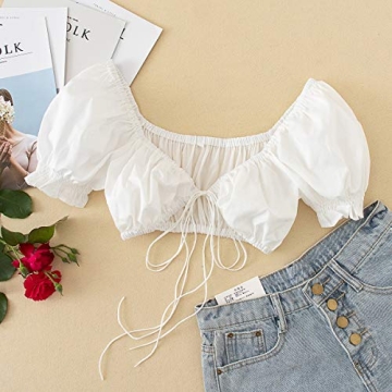 MakeMeChic Women's Ruched Puff Sleeve Crop Tee White