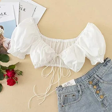 MakeMeChic Women's Ruched Puff Sleeve Crop Tee White