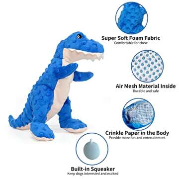DODODOLA Dog Toys Dinosaur Dog Toy Blue Stuffed Animals Chew Toy Plush Squeaky Dog Birthday Toys for Small Large Big Dogs