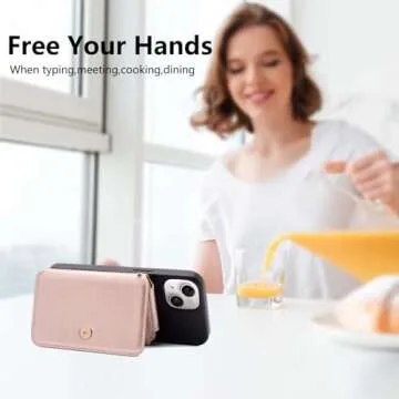 M-Plateau Bifold Wallet Women，Card Holder for Phone Case Durable Leather ID Window Slot Design,Sticky Phone Wallet Attached One Removeable Phone Lanyard. Rose Pink