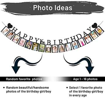 Sweet 16 Birthday Decorations Photo Banner in Black Pre-assembled - Sweet 16 Banner WITH Sixteen Photo Card Frames Party Supplies - Happy 16th birthday decorations for girls with 16 Signs