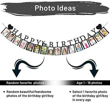 Sweet 16 Birthday Decorations Photo Banner in Black Pre-assembled - Sweet 16 Banner WITH Sixteen Photo Card Frames Party Supplies - Happy 16th birthday decorations for girls with 16 Signs