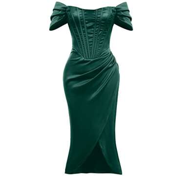 Womens Off Shoulder Split Corset Satin Dress Strapless High Slit Bodycon Ruched Cocktail Party Dress Midi Sexy Night Club Tube Dress Backless Slim Fit Formal Wedding Guest Evening Dress Green Small