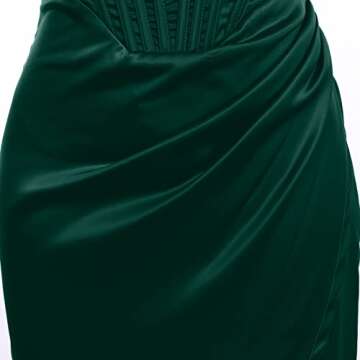 Womens Off Shoulder Split Corset Satin Dress Strapless High Slit Bodycon Ruched Cocktail Party Dress Midi Sexy Night Club Tube Dress Backless Slim Fit Formal Wedding Guest Evening Dress Green Small