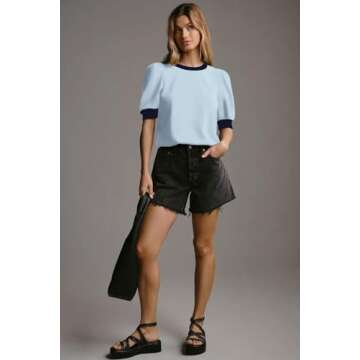 Womens Knit Tops Spring Work Clothes Outfits Puff Sleeve Shirts Sweater Casual Lightweight Tops