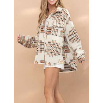Joiemont Women Aztec Print Shirt Jacket Shacket Long Sleeve Loose Vintage Boho Wool Blend Coat Button Down Shirt Tops(0147-Khaki-S)