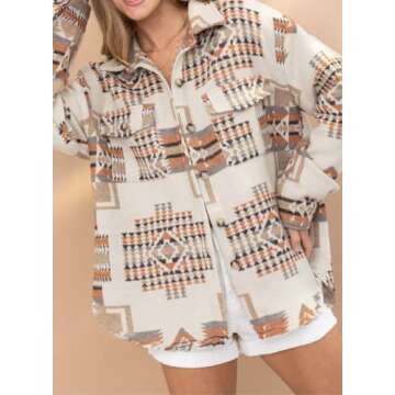 Joiemont Women Aztec Print Shirt Jacket Shacket Long Sleeve Loose Vintage Boho Wool Blend Coat Button Down Shirt Tops(0147-Khaki-S)
