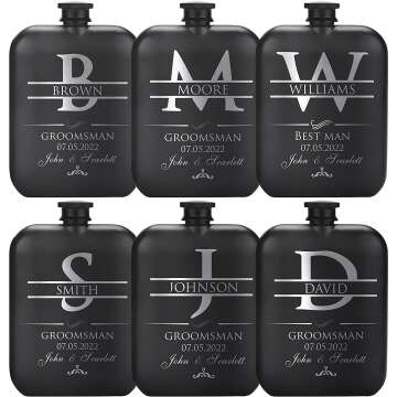 Personalized Groomsmen Gift Set of 6 Flasks - Engraved 6oz Steel with Gift Box