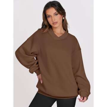 ANRABESS Womens Oversized V Neck Sweatshirt Fleece Long Sleeve Hoodies Pullover Comfy Top Outfits 2024 Teen Preppy Clothes Small Coffee