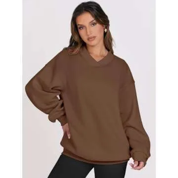 ANRABESS Womens Oversized V Neck Sweatshirt Fleece Long Sleeve Hoodies Pullover Comfy Top Outfits 2024 Teen Preppy Clothes Small Coffee