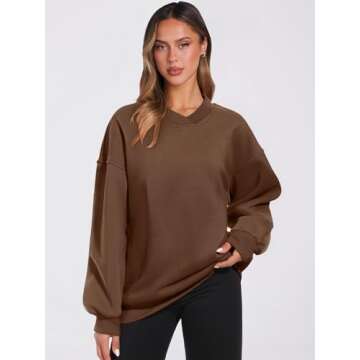 ANRABESS Womens Oversized V Neck Sweatshirt Fleece Long Sleeve Hoodies Pullover Comfy Top Outfits 2024 Teen Preppy Clothes Small Coffee