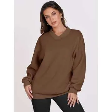 ANRABESS Womens Oversized V Neck Sweatshirt Fleece Long Sleeve Hoodies Pullover Comfy Top Outfits 2024 Teen Preppy Clothes Small Coffee