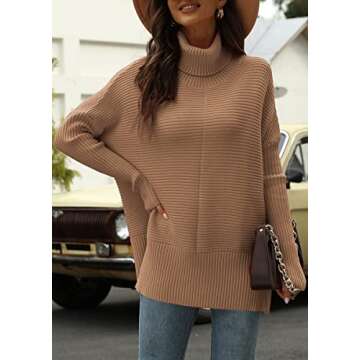 EFAN Women's Turtleneck Oversized Sweaters Fall Outfits Clothes Trendy Long Pullover Knit Winter Tunic Tops Dark Apricot L