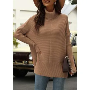 EFAN Women's Turtleneck Oversized Sweaters Fall Outfits Clothes Trendy Long Pullover Knit Winter Tunic Tops Dark Apricot L