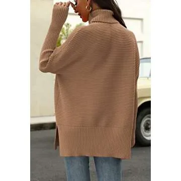 EFAN Women's Turtleneck Oversized Sweaters Fall Outfits Clothes Trendy Long Pullover Knit Winter Tunic Tops Dark Apricot L