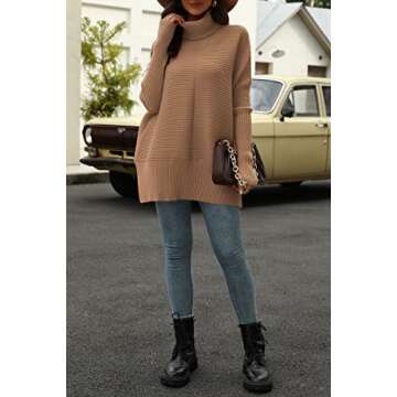 EFAN Women's Turtleneck Oversized Sweaters Fall Outfits Clothes Trendy Long Pullover Knit Winter Tunic Tops Dark Apricot L