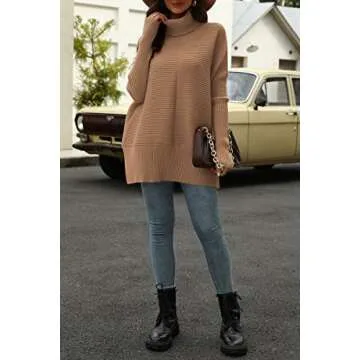EFAN Women's Turtleneck Oversized Sweaters Fall Outfits Clothes Trendy Long Pullover Knit Winter Tunic Tops Dark Apricot L
