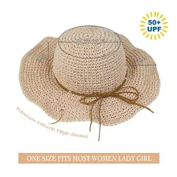 Women Sun Hat Wide Brim Floppy Beach Hat Crochet Straw Hat Breathable UV UPF 50+ Summer Hat Foldable...