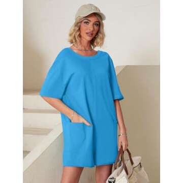 Glamaker Women's Summer Outfits Rompers For Women Casual Oversized Tshirt Athletic Romper Backless Short Sleeve Jumpsuit With Pockets (Peacock Blue S)