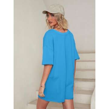 Glamaker Women's Summer Outfits Rompers For Women Casual Oversized Tshirt Athletic Romper Backless Short Sleeve Jumpsuit With Pockets (Peacock Blue S)
