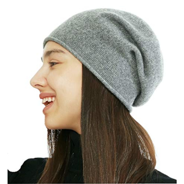KIKONIO CHEN Women's 100% Cashmere Beanie Hat,Women Gift Beanie Skull Ski Hats (Grey, One Size)