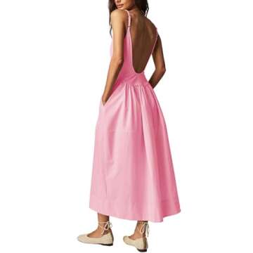 Fisoew Women's Spaghetti Strap Dress | V Neck Backless Casual Dress with Pocket