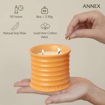 Annex Handmade Ceramic Candles | Orange Blossom – Orange & Mimosa Scented Soy Wax | Non Toxic - 2 Cotton Wick | Large Orange Jar Reusable - Natural Aromatherapy Luxury Candle for Women & Men, Gift