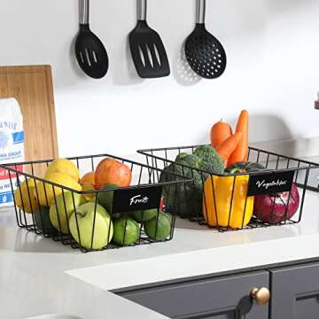 8 Pack Wire Storage Baskets for Organizing with Removable Tags, Pantry Organization Bins for Kitchen Cabinets, Closet - Metal Basket for Laundry, Garage, Refridge, Bathroom Countertop Organizer, Black