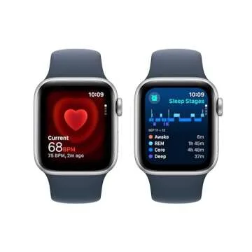Apple Watch SE (2nd Gen) [GPS 40mm] Smartwatch with Silver Aluminum Case with Storm Blue Sport Band S/M. Fitness & Sleep Tracker, Crash Detection, Heart Rate Monitor