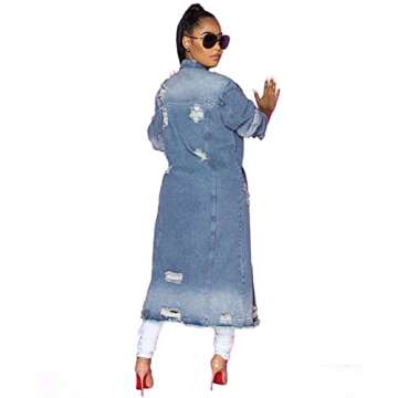 ebossy Women's Ripped Out Distressed Washed Long Blue Denim Jacket Trench Coat (Small, Light Blue)