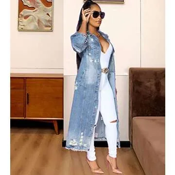 ebossy Women's Ripped Out Distressed Washed Long Blue Denim Jacket Trench Coat (Small, Light Blue)