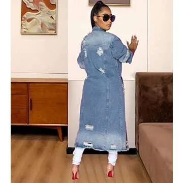 ebossy Women's Ripped Out Distressed Washed Long Blue Denim Jacket Trench Coat (Small, Light Blue)