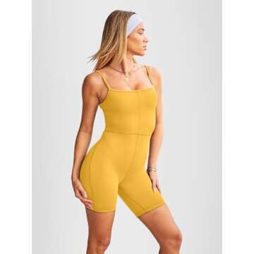 AUTOMET Jumpsuits for Women One Piece Rompers Sexy Shorts Bodysuits Workout Sets Fashion Clothes Summer Gym Outfits Yellow XS