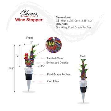 Cheers Rooster Glass Wine Stopper - Elegant Vacuum Seal Reusable Chicken Animal Farm Life Wine Bottl...