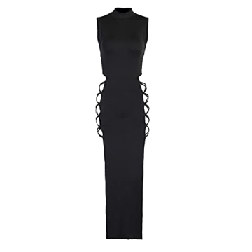 Elegant Women's Sexy Lace Up Side Criss-Cross Bandage Midi Dress in Black