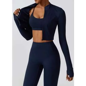 Yknktstc Womens Full Zip Athletic Jacket with Thumbhole Long Sleeve Crop Top Running Workout Yoga Sportswear Shirt M Navy Blue