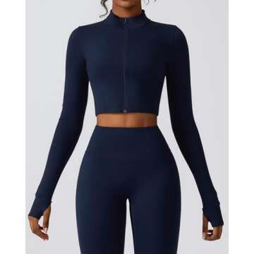 Yknktstc Womens Full Zip Athletic Jacket with Thumbhole Long Sleeve Crop Top Running Workout Yoga Sportswear Shirt M Navy Blue