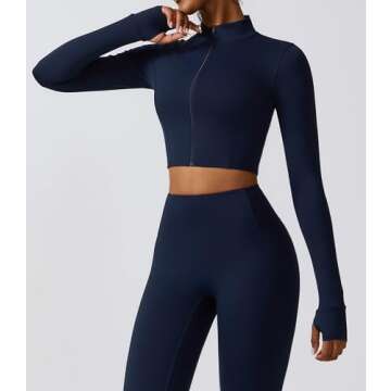 Yknktstc Womens Full Zip Athletic Jacket with Thumbhole Long Sleeve Crop Top Running Workout Yoga Sportswear Shirt M Navy Blue