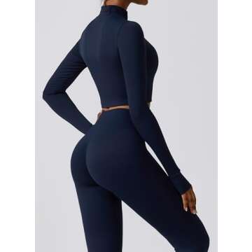 Yknktstc Womens Full Zip Athletic Jacket with Thumbhole Long Sleeve Crop Top Running Workout Yoga Sportswear Shirt M Navy Blue